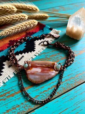 Handmade! Rustic Genuine Agate Geode + Chains - Adjustable Bracelet - Southwest